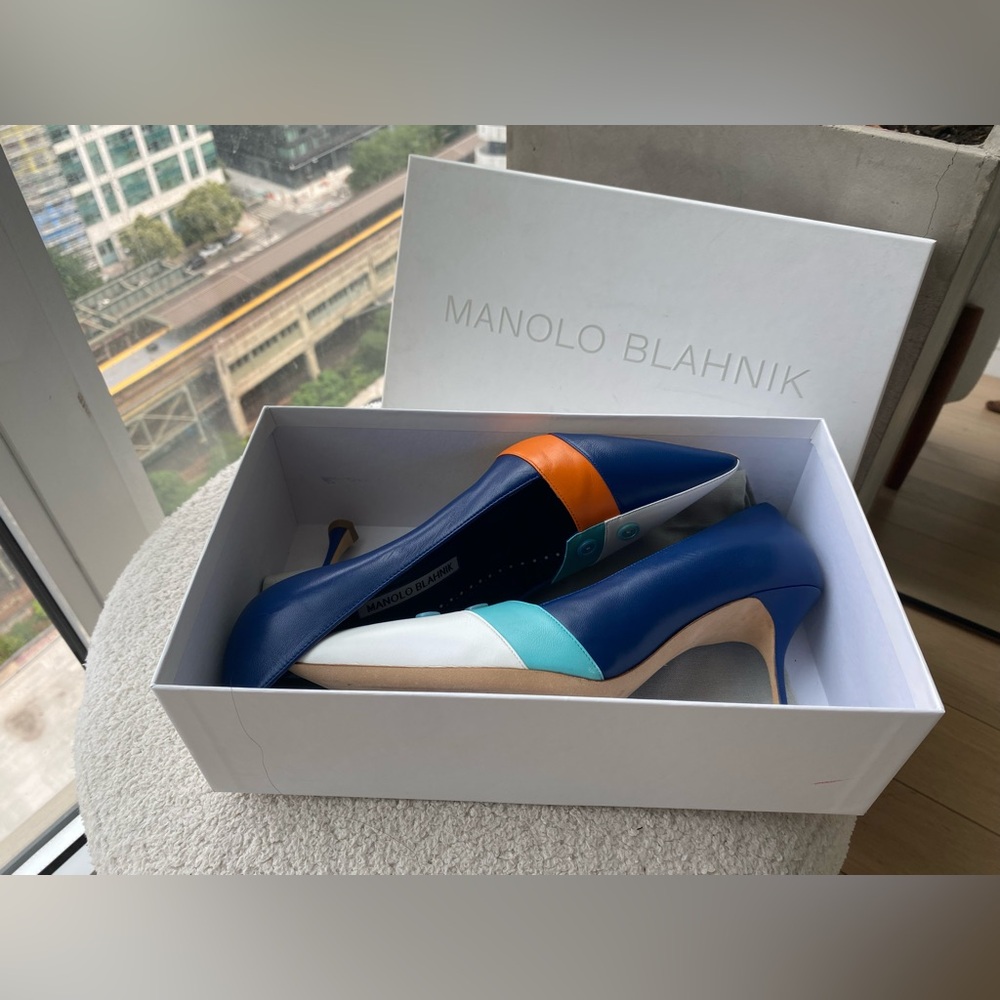 Manolo Blahnik Blue, Orange, and White Heels